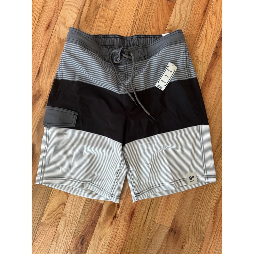 George Mens eBoard Swim Trunks Gray Striped 9 Inch Inseam Size Small 28-30 NEW